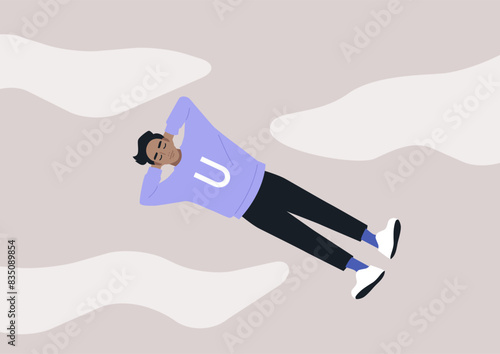 A person lies peacefully on their back, surrounded by dreamy, white clouds, seemingly floating in the air