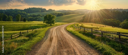 Scenic rural dirt road winding through lush green countryside under a bright sunset sky, featuring rolling hills and wooden fences. photo