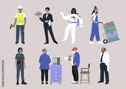 A Day in the Life of Many Professions, a diverse group of individuals of various jobs, including a construction worker, waiter, astronaut, delivery person, police officer, librarian, director, and doc