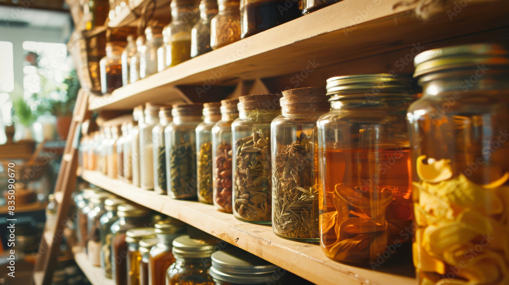 Glass jars and bottles on shelves, containing natural organic food ingredients Glass jars and bottles on shelves, containing natural organic food ingredients