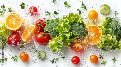 A burst of water amidst a mix of fruits and vegetables suggests a lifestyle of health and vitality © familymedia