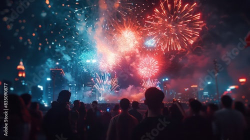Fireworks lighting up the sky on Independence Day, with a crowd watching in awe (close up, holiday celebration, vibrant, double exposure, city skyline backdrop) © DigiMingle 