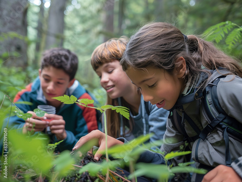 Junge Menschen lernen in der Natur. Sie lernen alles über den Wald. photo