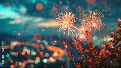 Fireworks explode in the night sky  close up  focus on  selective focus  theme  celebration  vibrant  Overlay  cityscape backdrop