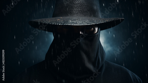 a person wearing a black hat and a black hood photo