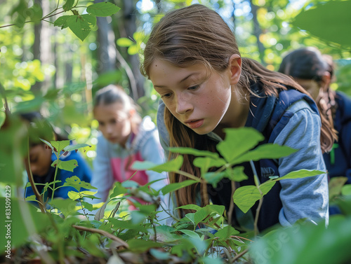 Junge Menschen lernen in der Natur. Sie lernen alles über den Wald. photo