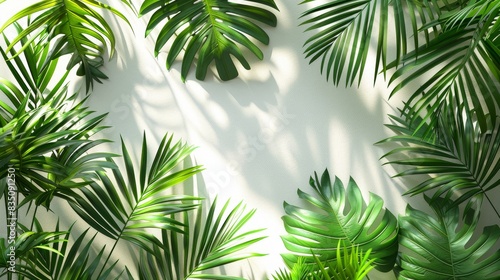A digital rendering of tropical leaves with a patterned shadow play on an off-white background, symbolizing design and nature