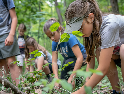 Junge Menschen lernen in der Natur. Sie lernen alles über den Wald. photo