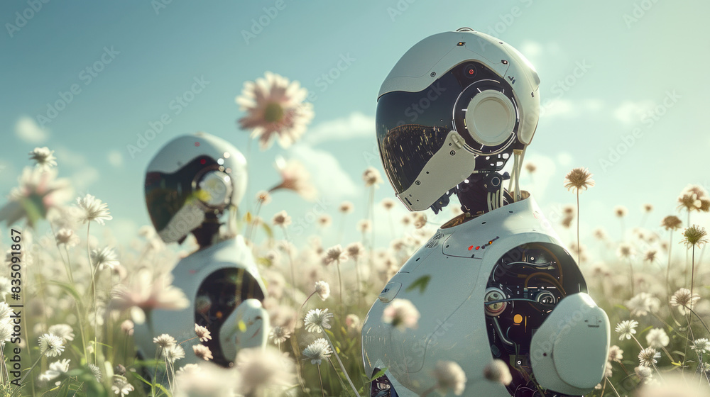 Couple of robots in love in blossoming field Couple of robots in love in blossoming field