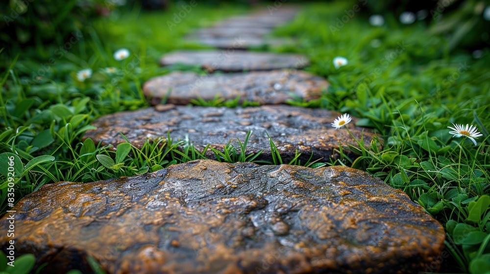 Garden stone path with grass growing up between the stones.Detail of a botanical garden. Garden stone path with grass growing up between the stones.Detail of a botanical garden.