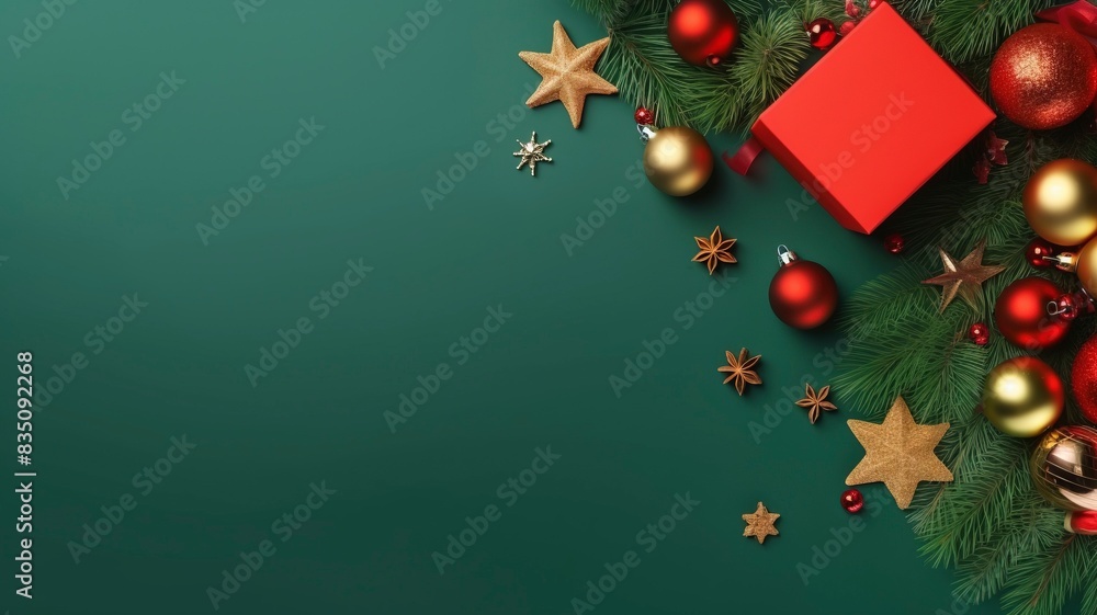 Christmas Day concept. Top view photo of big present box green red baubles gold star ornament pine cone mistletoe berries snow and fir branches on isolated green background, generative ai Christmas Day concept. Top view photo of big present box green red baubles gold star ornament pine cone mistletoe berries snow and fir branches on isolated green background, generative ai