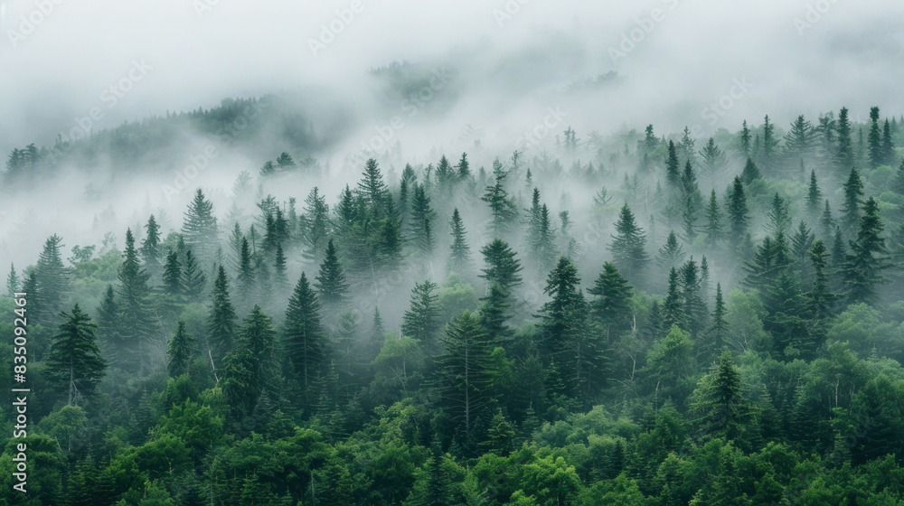 Gloomy landscape - hills covered with forest, mist, overcast, rainy weather Gloomy landscape - hills covered with forest, mist, overcast, rainy weather