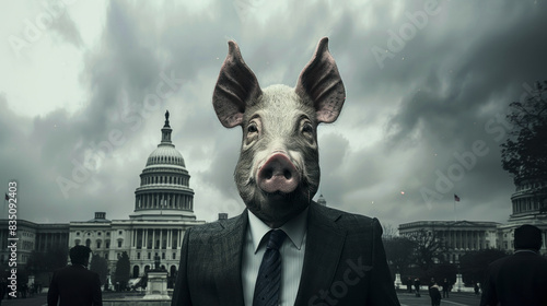 Politician with pig head, cityscape in background photo