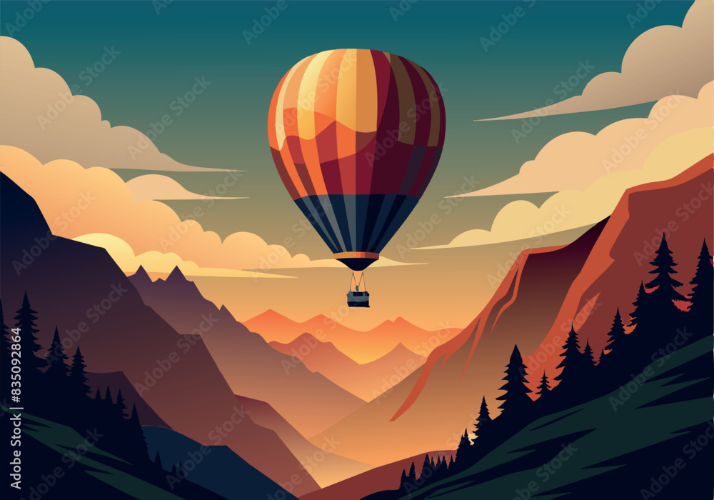 Fototapeta premium A hot air balloon is floating in the sky above a mountain range