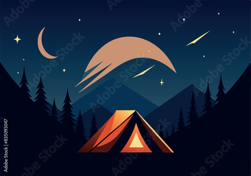 A tent is shown in the woods at night, with a large moon