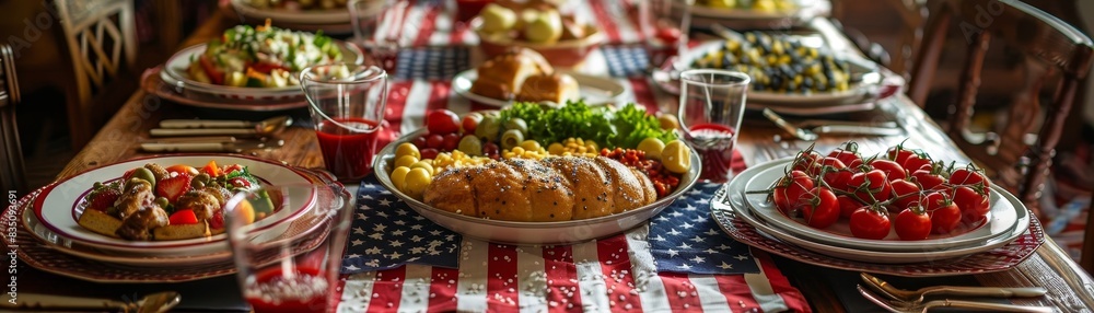 Festive table setting with American flag-themed decorations, traditional Fourth of July food, vibrant and celebratory mood Festive table setting with American flag-themed decorations, traditional Fourth of July food, vibrant and celebratory mood