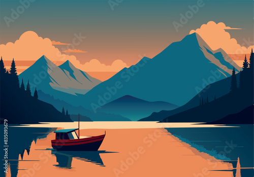 A boat is floating on a lake in front of a mountain range