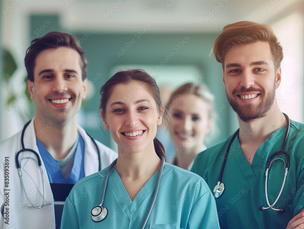 Junges Ärzteteam steht im Krankenhaus und lächelt n die Kamera Junges Ärzteteam steht im Krankenhaus und lächelt n die Kamera