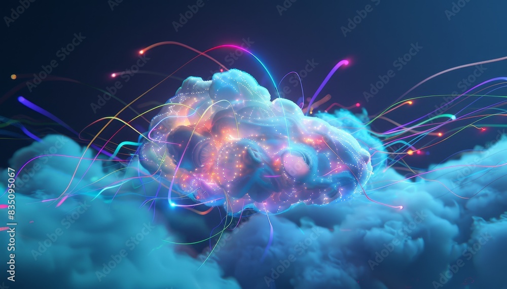3D Render of Cloud with Glowing Lines and Data Flowing, Concept of Cloud Computing and Data Transmission by AI generated image 3D Render of Cloud with Glowing Lines and Data Flowing, Concept of Cloud Computing and Data Transmission by AI generated image
