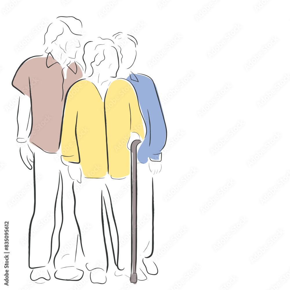 Hand drawn line art vector of Old buddies together. Elderly people in group therapies. Elderly friendship Hand drawn line art vector of Old buddies together. Elderly people in group therapies. Elderly friendship