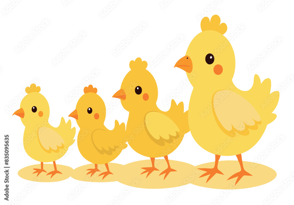 A group of four yellow chicks standing next to each other A group of four yellow chicks standing next to each other