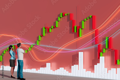 Business people look at a chart. The trader analyzes the price movement on a huge trading chart. A businessman-investor watches the movement of the price of an asset.