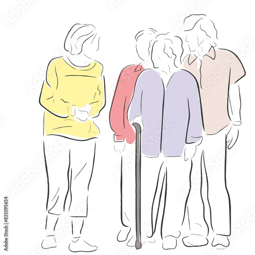 Hand drawn line art vector of Old buddies together. Elderly people in group therapies. Elderly friendship