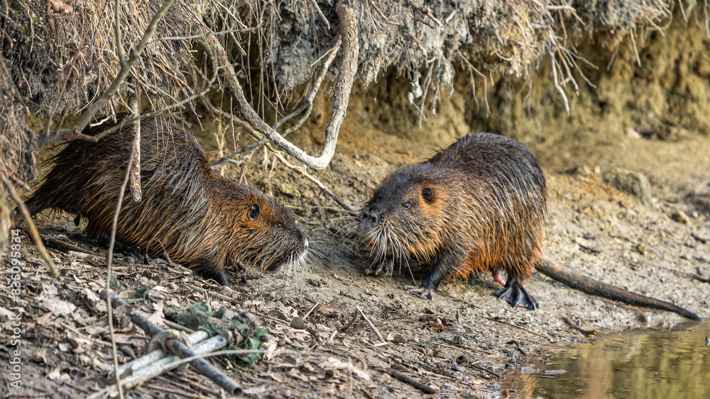 Nutrias (Myocastor coypus) am Uferrand, Nahaufnahme von zwei sich gegenüberstehenden Tieren
