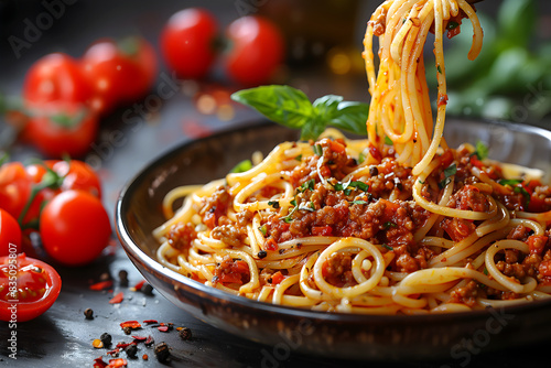 Creative food Concept. Spaghetti bolognese Pasta with minced beef, tomato sauce, sprinkled parmesan cheese herb on dark wooden table top with ingredients, copy text space