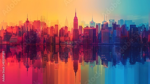 Infuse the city skyline with the energetic essence of bisexual pride colors seen from a unique angle Blend the skyline silhouette in a double exposure for a dynamic and vibrant vis