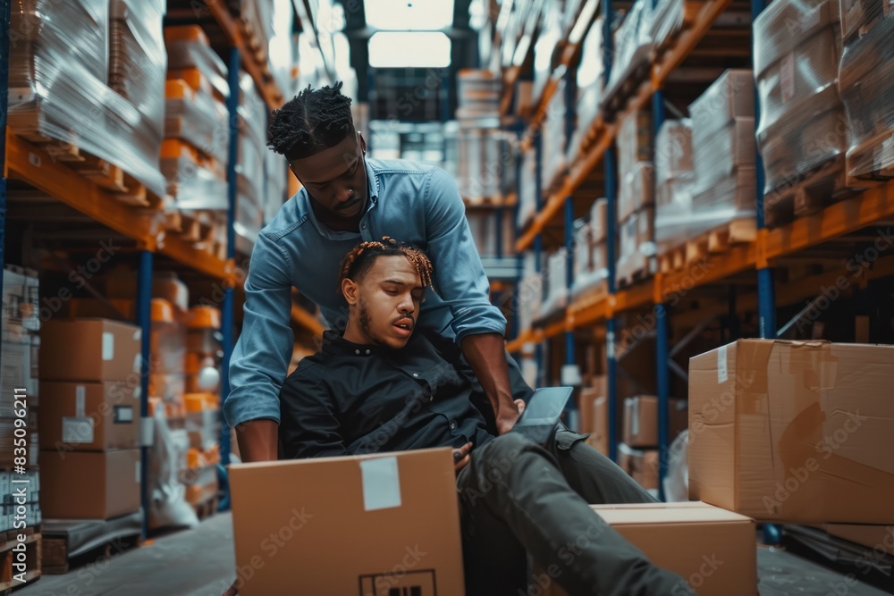 A warehouse worker was injured after falling off a box while carrying heavy boxes in an industrial setting A warehouse worker was injured after falling off a box while carrying heavy boxes in an industrial setting