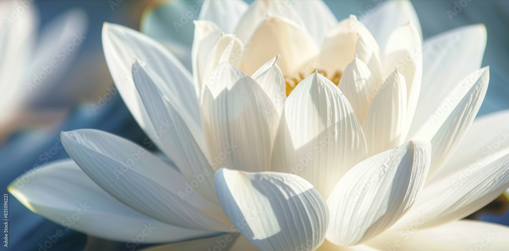 A close-up image of a white water lily blossom, with the petals illuminated by the sun. A close-up image of a white water lily blossom, with the petals illuminated by the sun.