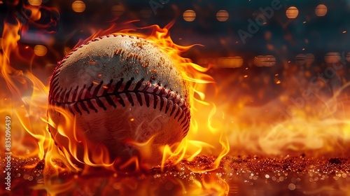 Flaming baseball ball at the stadium in the evening photo