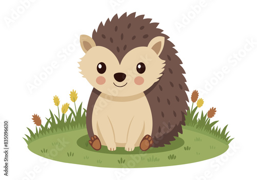 A cute cartoon hedgehog is sitting in a grassy field