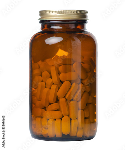 Glass jar of pills medicine health on white background isolation