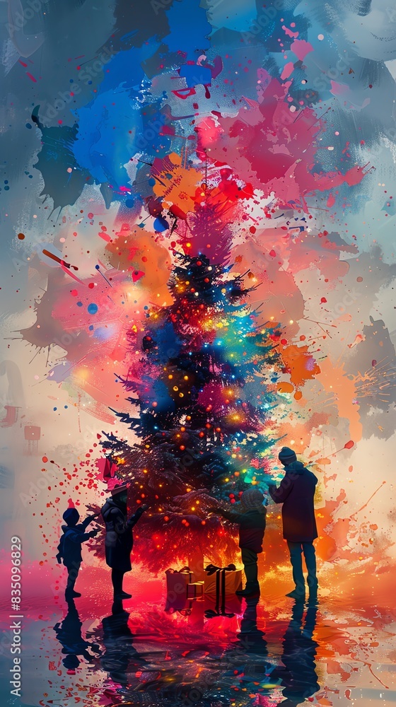 Render a rear view of a Family decorating a Christmas tree in vibrant, festive colors, blending with a double exposure silhouette of a tree Render a rear view of a Family decorating a Christmas tree in vibrant, festive colors, blending with a double exposure silhouette of a tree