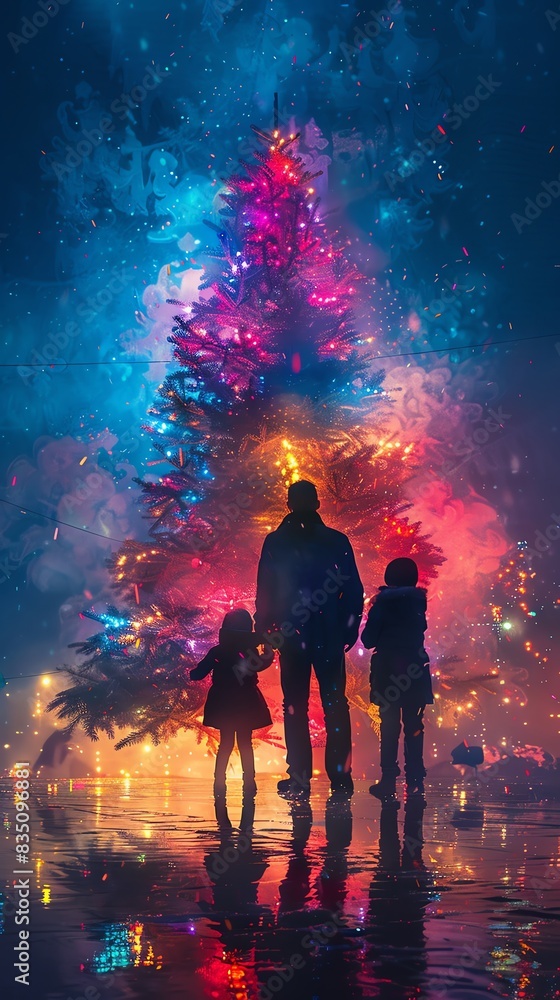 Render a rear view of a Family decorating a Christmas tree in vibrant, festive colors, blending with a double exposure silhouette of a tree Render a rear view of a Family decorating a Christmas tree in vibrant, festive colors, blending with a double exposure silhouette of a tree