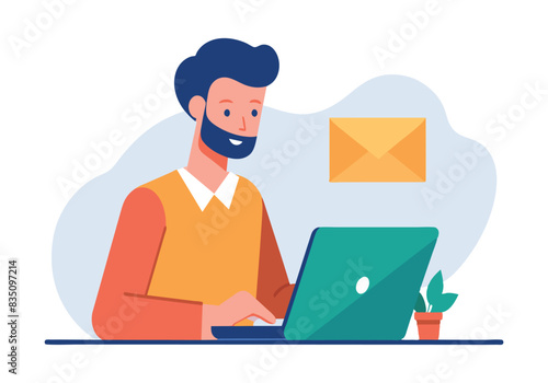 A man is sitting at a desk with a laptop and a green plant