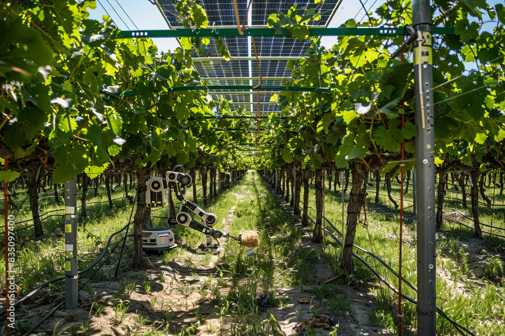 A serene, automated vineyard with robot harvesters gently picking grapes under the shade of solar-paneled trellises A serene, automated vineyard with robot harvesters gently picking grapes under the shade of solar-paneled trellises