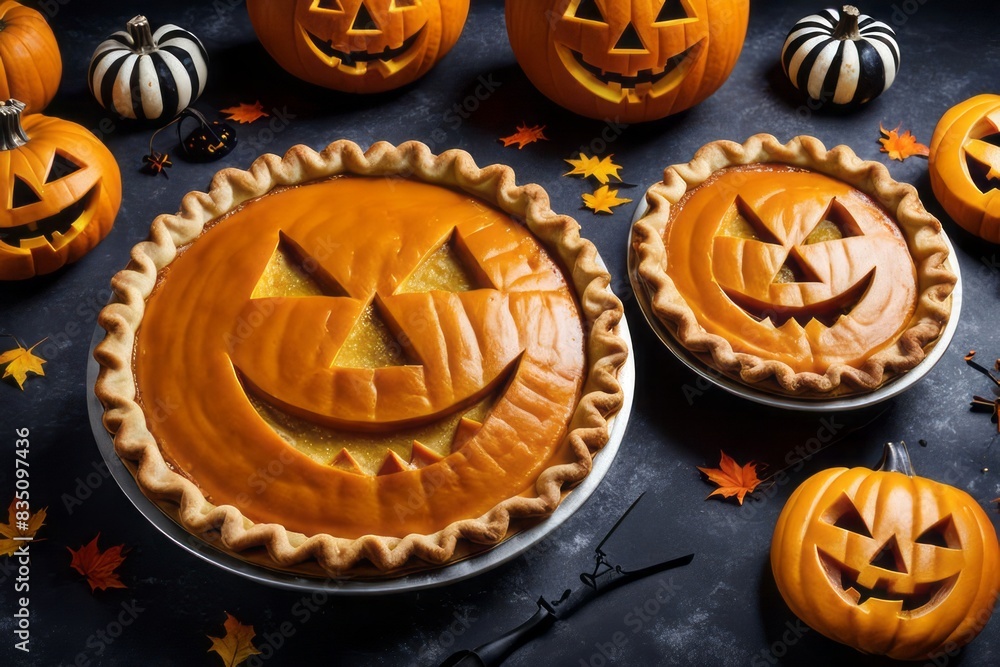 Exquisite Halloween pumpkin pies with original adornments. Exquisite Halloween pumpkin pies with original adornments.