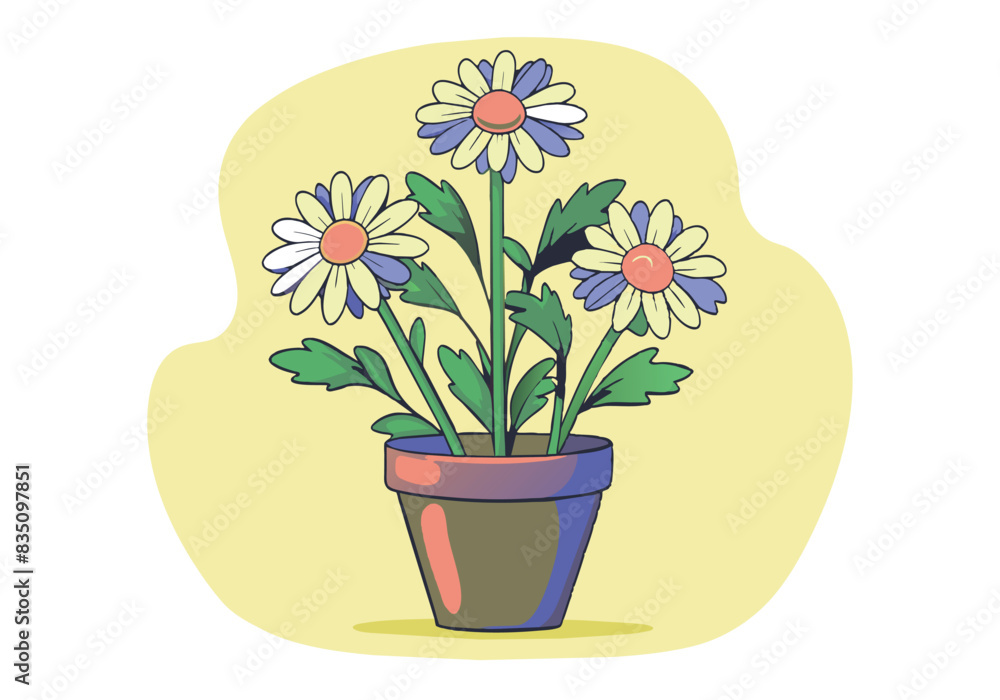 A flower pot with three white and blue flowers in it A flower pot with three white and blue flowers in it