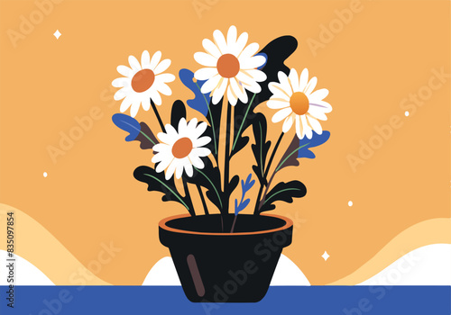 A black vase with white flowers in it sits on a table