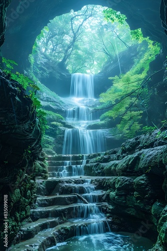 Enchanting Emerald Oasis A Hidden Waterfall Cascading Through a Lush Verdant Dreamscape