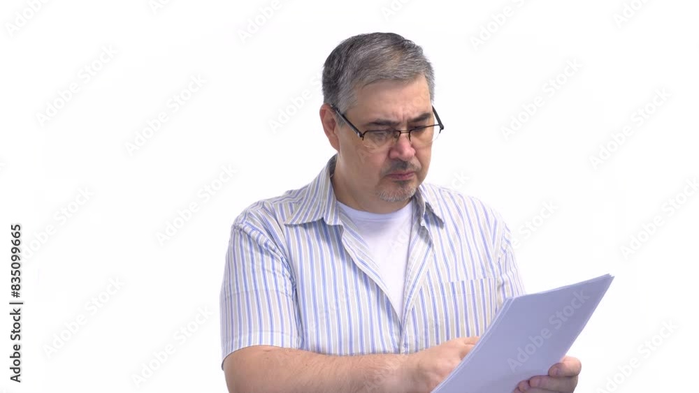 A man wearing glasses is seen reading documents attentively and nodding in agreement. White backdrop. A man wearing glasses is seen reading documents attentively and nodding in agreement. White backdrop.