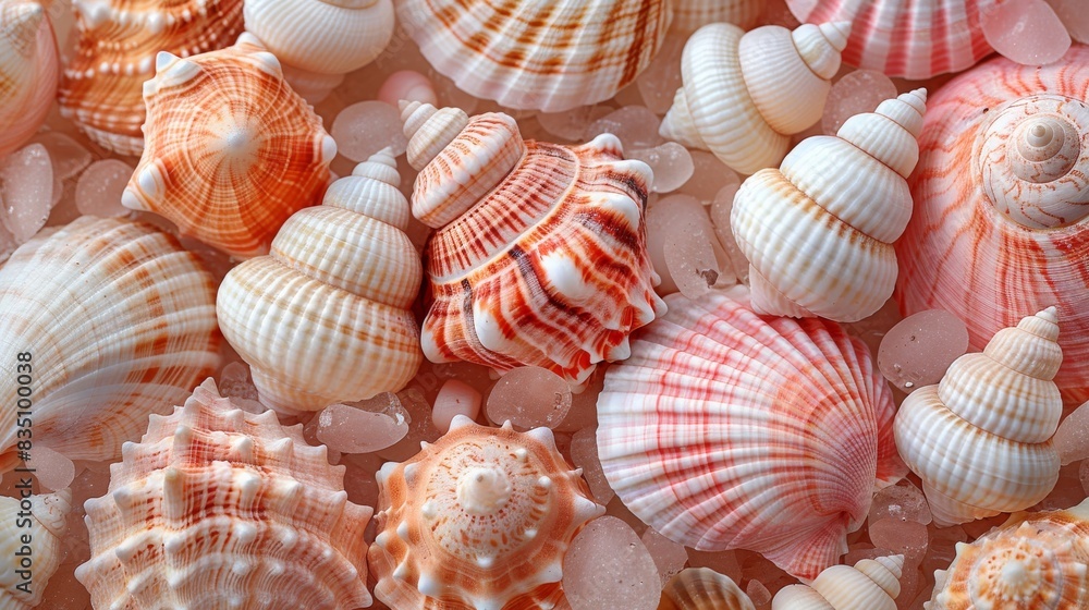 Multiple species of seashells beautifully arranged on sand, giving an impression of a seabed Multiple species of seashells beautifully arranged on sand, giving an impression of a seabed