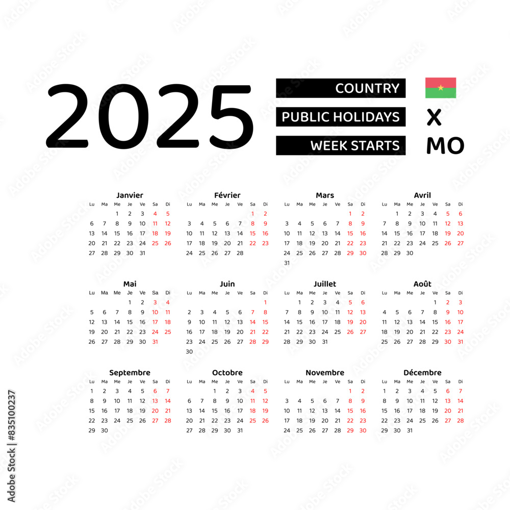 Burkina Faso Calendar 2025. Week starts from Monday. Vector graphic design. French language. Burkina Faso Calendar 2025. Week starts from Monday. Vector graphic design. French language.