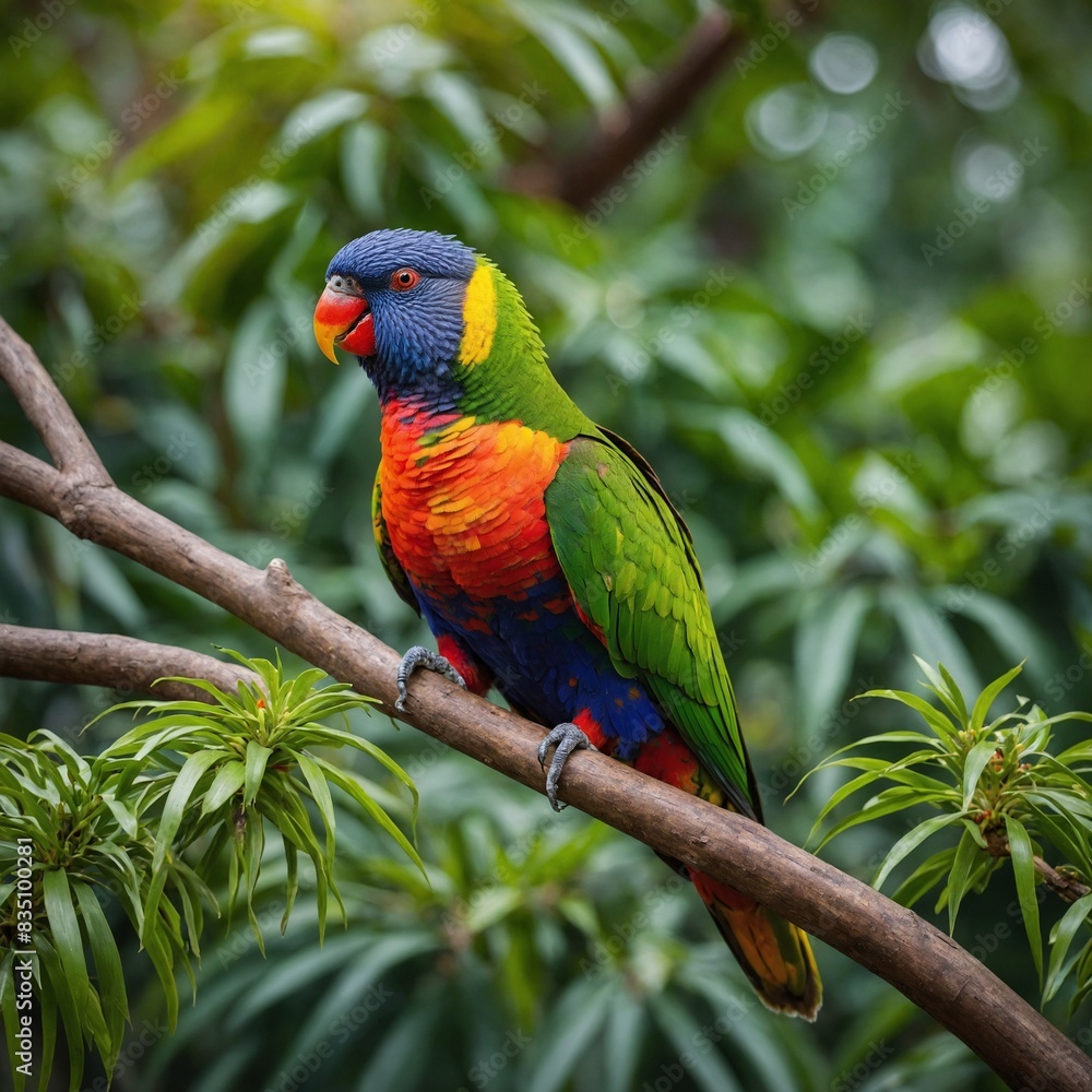 A vibrant shot of a rainbow lorikeet with its colorful plumage against a backdrop of bright green foliage.

