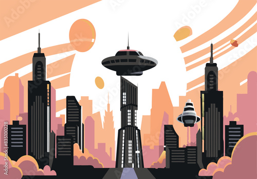 A cityscape with a large building in the middle and a spaceship flying above it