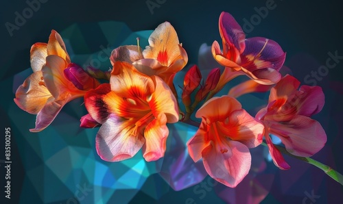 Yellow and pink Freesias on multicolored background