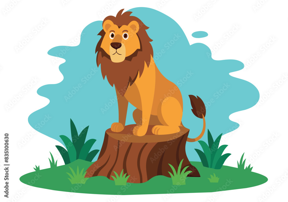 A cartoon lion is sitting on a log in a grassy field A cartoon lion is sitting on a log in a grassy field